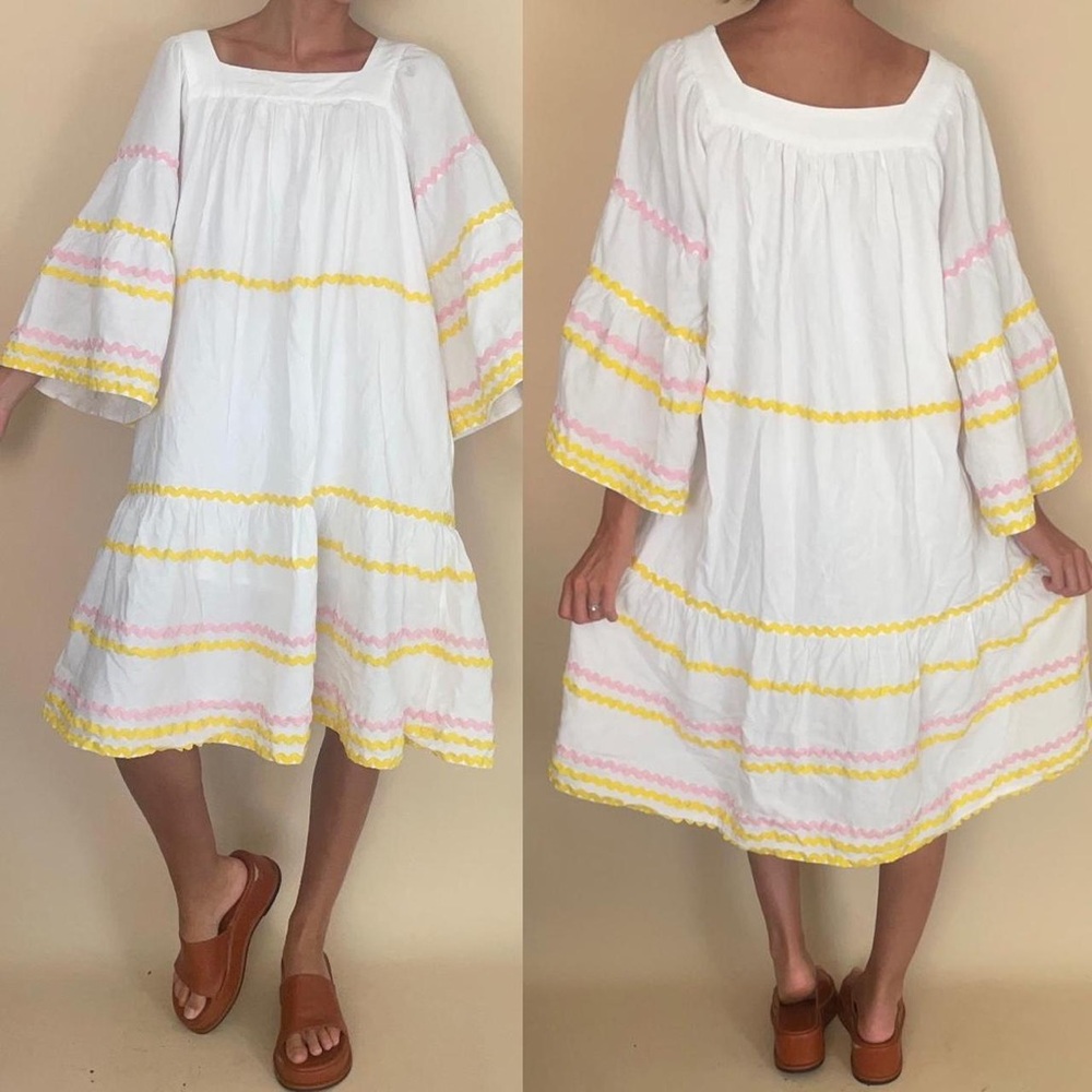Lisa Marie Fernandez for Target White Yellow Pink Ricrac Dress Square Neck